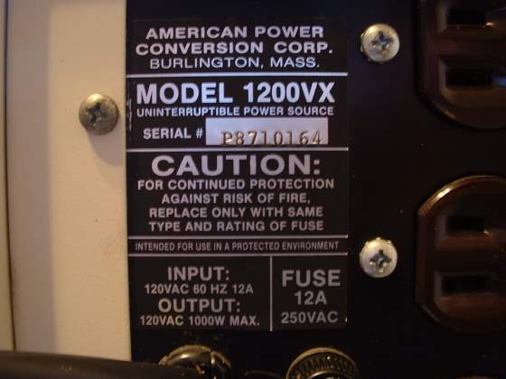 APC 1200VX Rear Data Plate and Serial Number Info