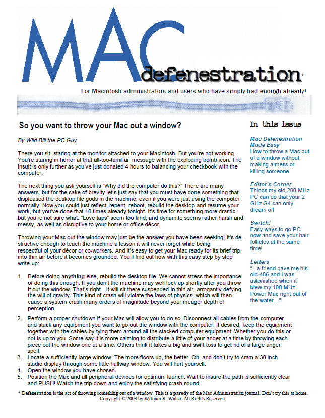 Macintosh Defenestration Newsletter